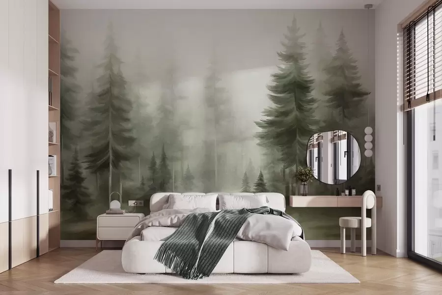 zidne murale Gusta šuma s visokim borovima u laganoj magli, teksturirana pejzažna umjetnost w09830v1