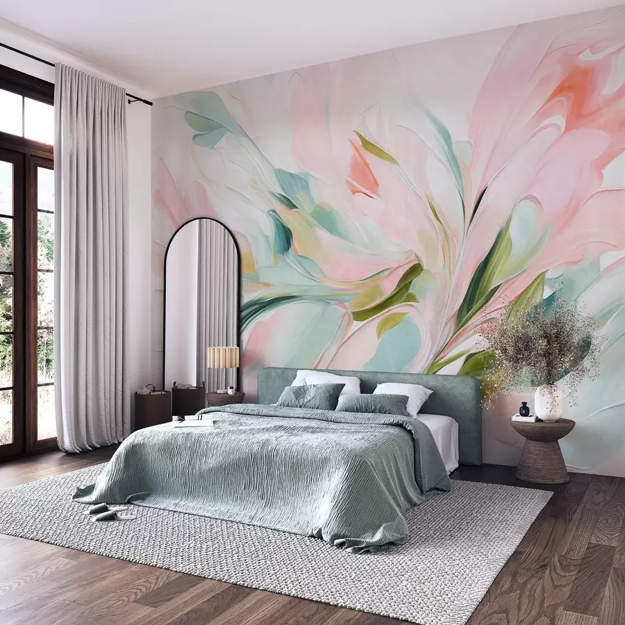 zidne murale Apstraktni cvjetni stil slikanja s mekim pastelnim potezima kista na svijetloj pozadini w09871