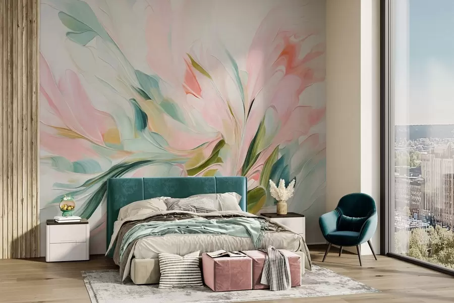 zidne murale Apstraktni cvjetni stil slikanja s mekim pastelnim potezima kista na svijetloj pozadini w09871