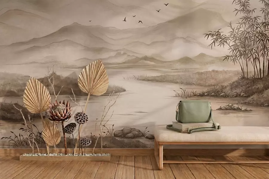 zidne murale Magloviti planinski krajolik s rijekom i pticama w05535