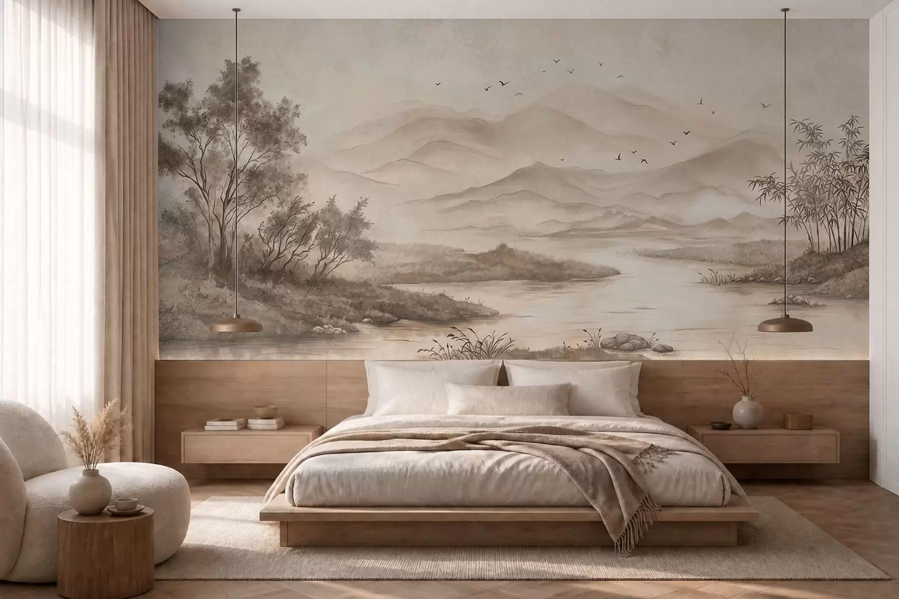 zidne murale Miran krajolik s rijekom i udaljenim planinama w05535v1