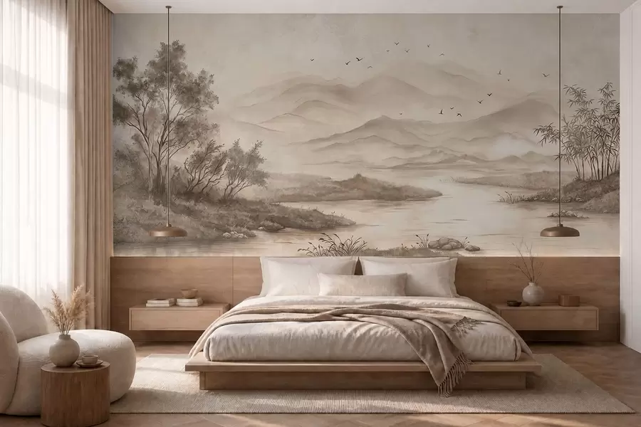 zidne murale Miran krajolik s rijekom i udaljenim planinama w05535v1