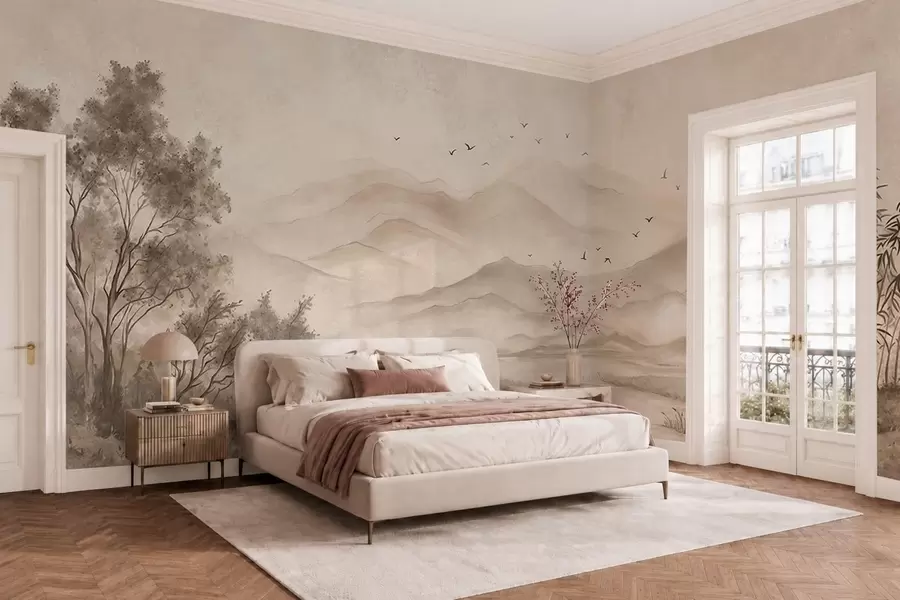 zidne murale Miran krajolik s rijekom i udaljenim planinama w05535v1