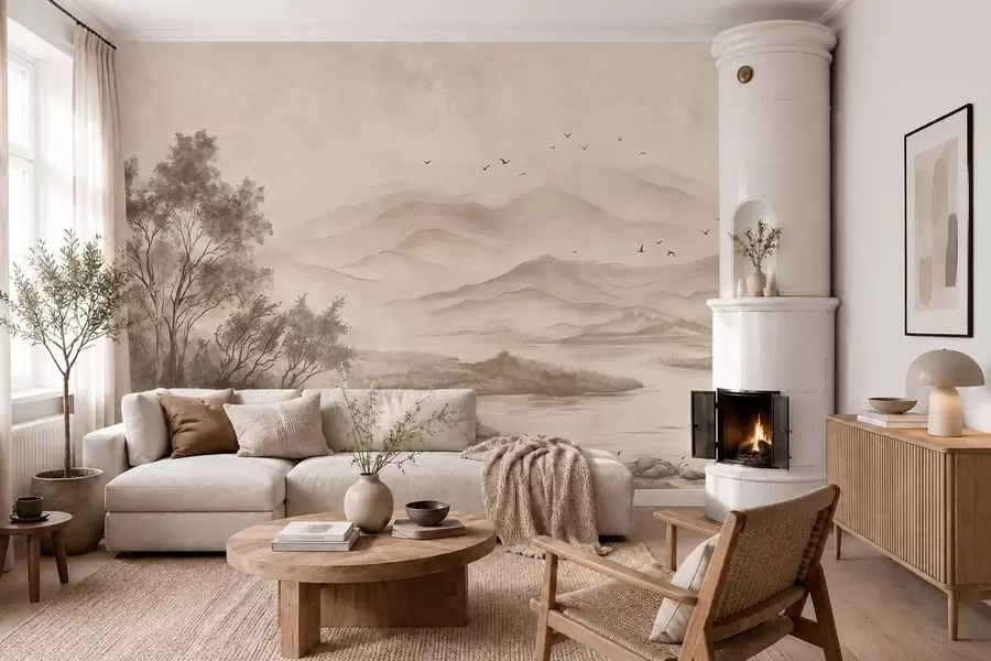 zidne murale Miran krajolik s rijekom i udaljenim planinama w05535v1