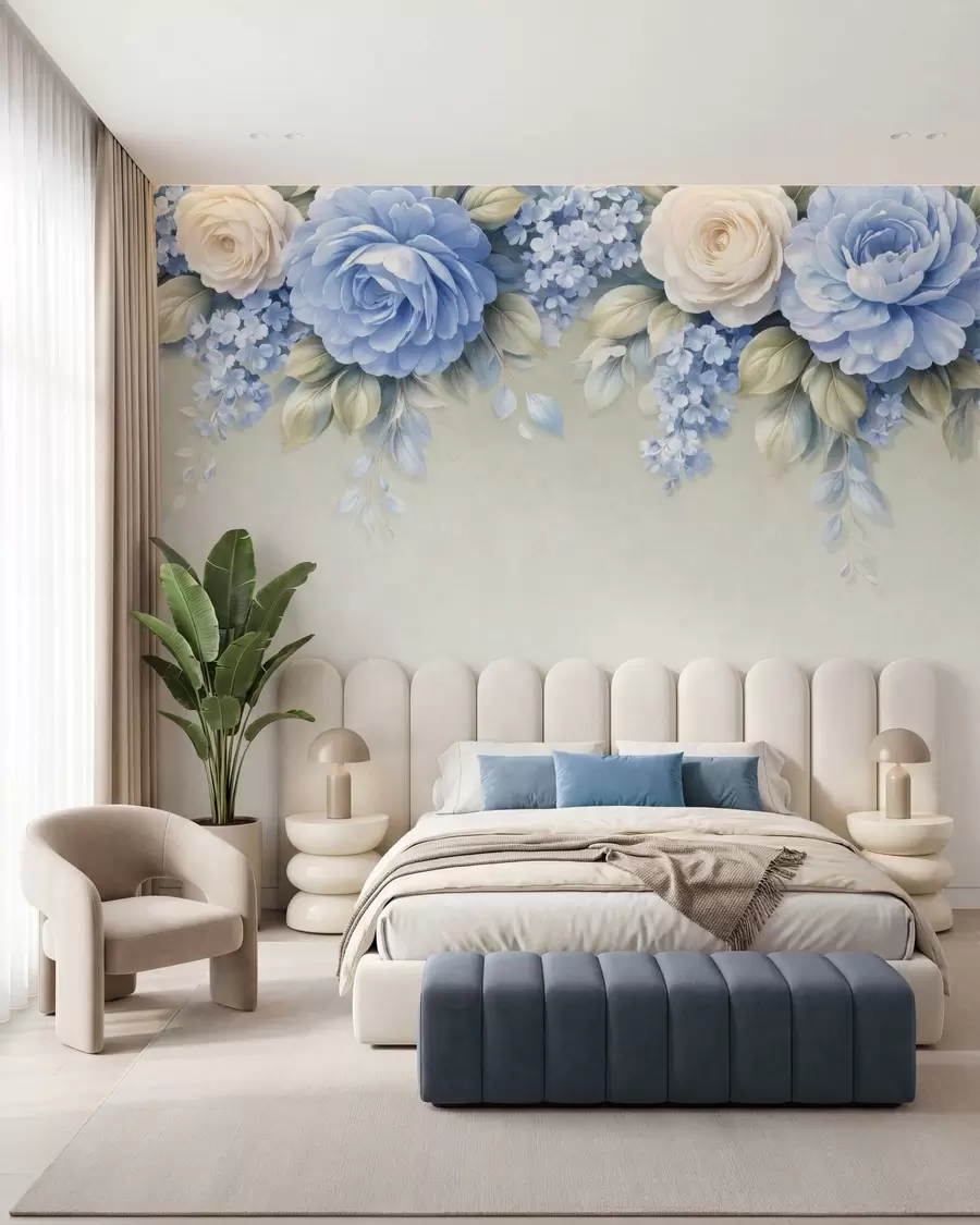 zidne murale Nježne ruže i cvjetni grozdovi u botaničkoj kompoziciji inspiriranoj porculanom s mekim slojevitim laticama i elegantnim lepršavim lišćem w05495