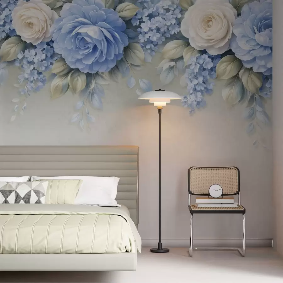 zidne murale Nježne ruže i cvjetni grozdovi u botaničkoj kompoziciji inspiriranoj porculanom s mekim slojevitim laticama i elegantnim lepršavim lišćem w05495