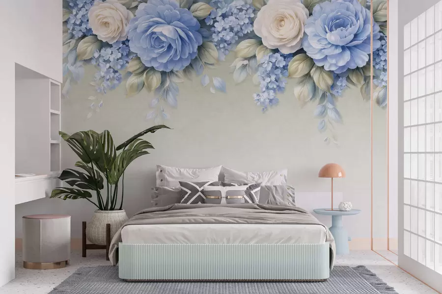 zidne murale Nježne ruže i cvjetni grozdovi u botaničkoj kompoziciji inspiriranoj porculanom s mekim slojevitim laticama i elegantnim lepršavim lišćem w05495