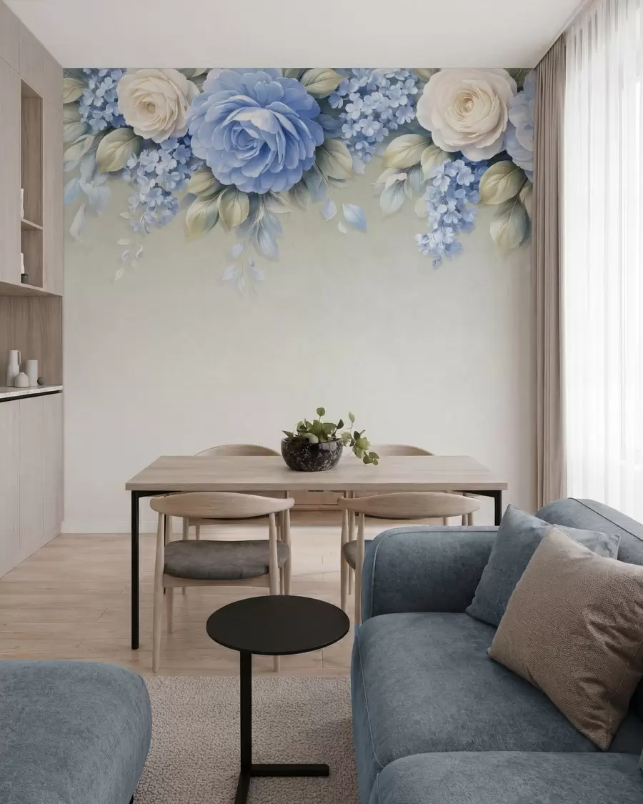 zidne murale Nježne ruže i cvjetni grozdovi u botaničkoj kompoziciji inspiriranoj porculanom s mekim slojevitim laticama i elegantnim lepršavim lišćem w05495