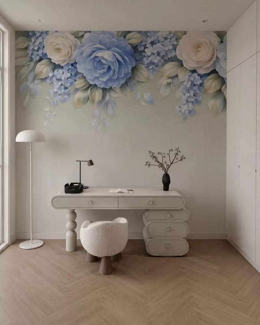 zidne murale Nježne ruže i cvjetni grozdovi u botaničkoj kompoziciji inspiriranoj porculanom s mekim slojevitim laticama i elegantnim lepršavim lišćem w05495