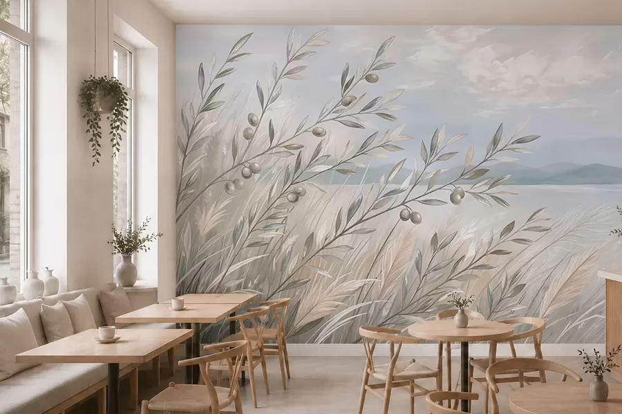 zidne murale Maslinove grančice među travom uz jezero w05536
