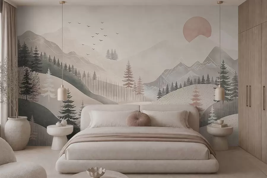 zidne murale Minimalistički planinski krajolik s borovima w05626