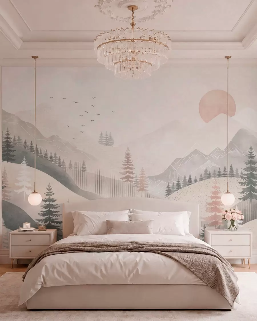 zidne murale Minimalistički planinski krajolik s borovima w05626