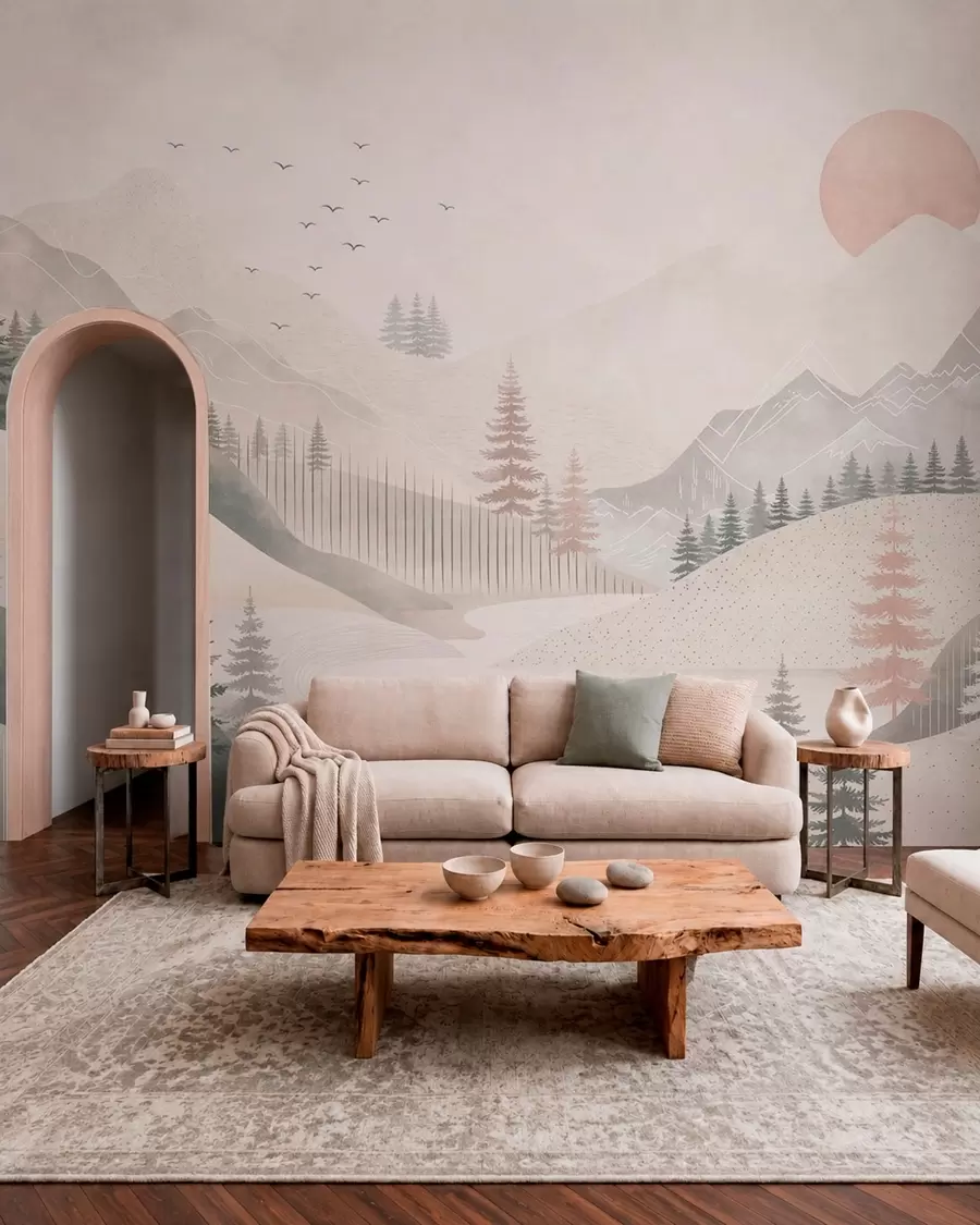 zidne murale Minimalistički planinski krajolik s borovima w05626