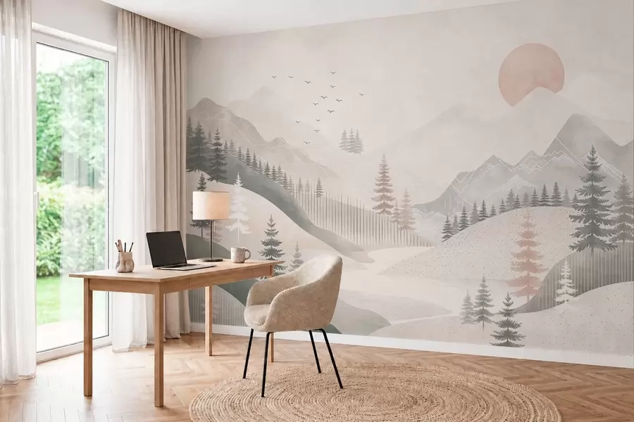 zidne murale Minimalistički planinski krajolik s borovima w05626