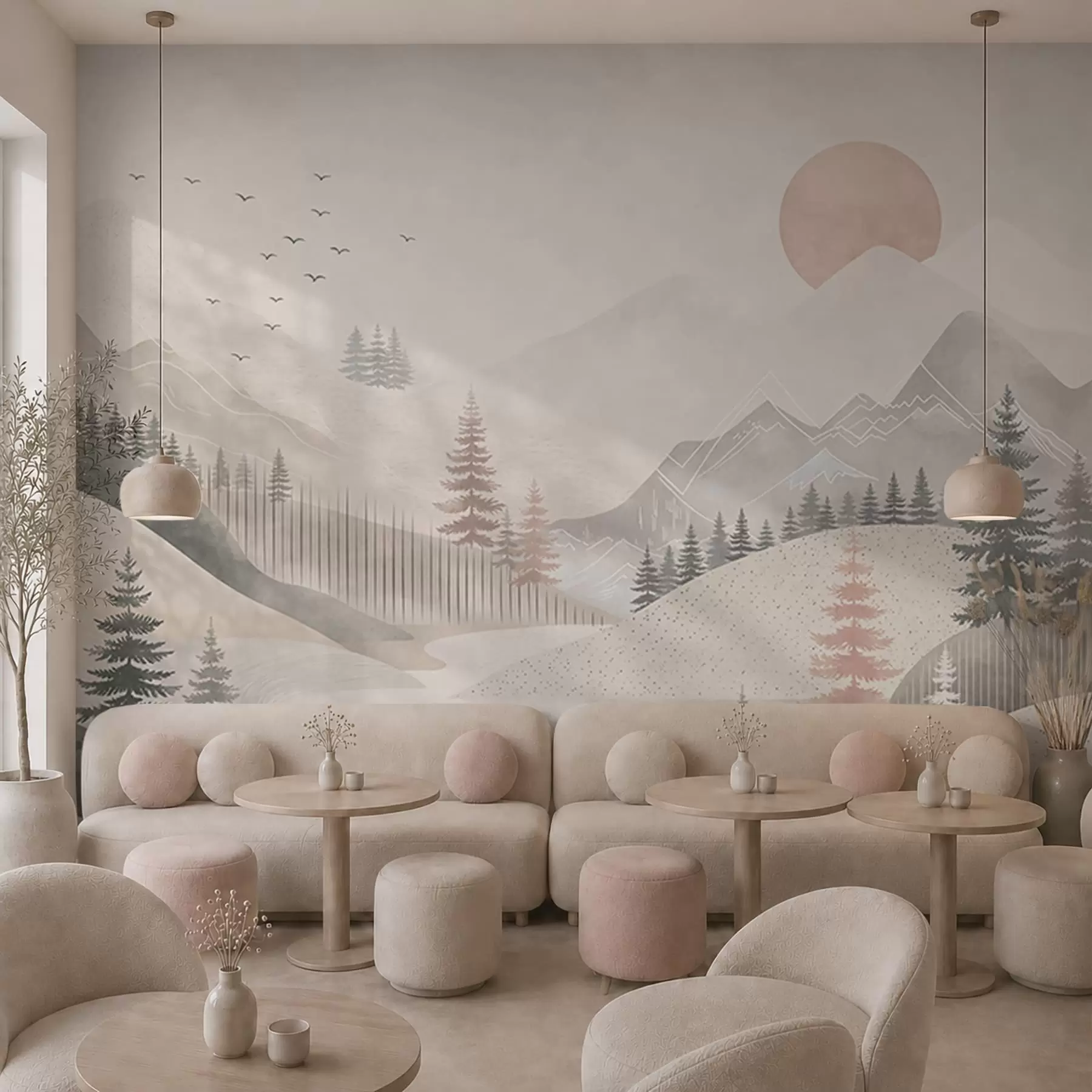 zidne murale Minimalistički planinski krajolik s borovima w05626