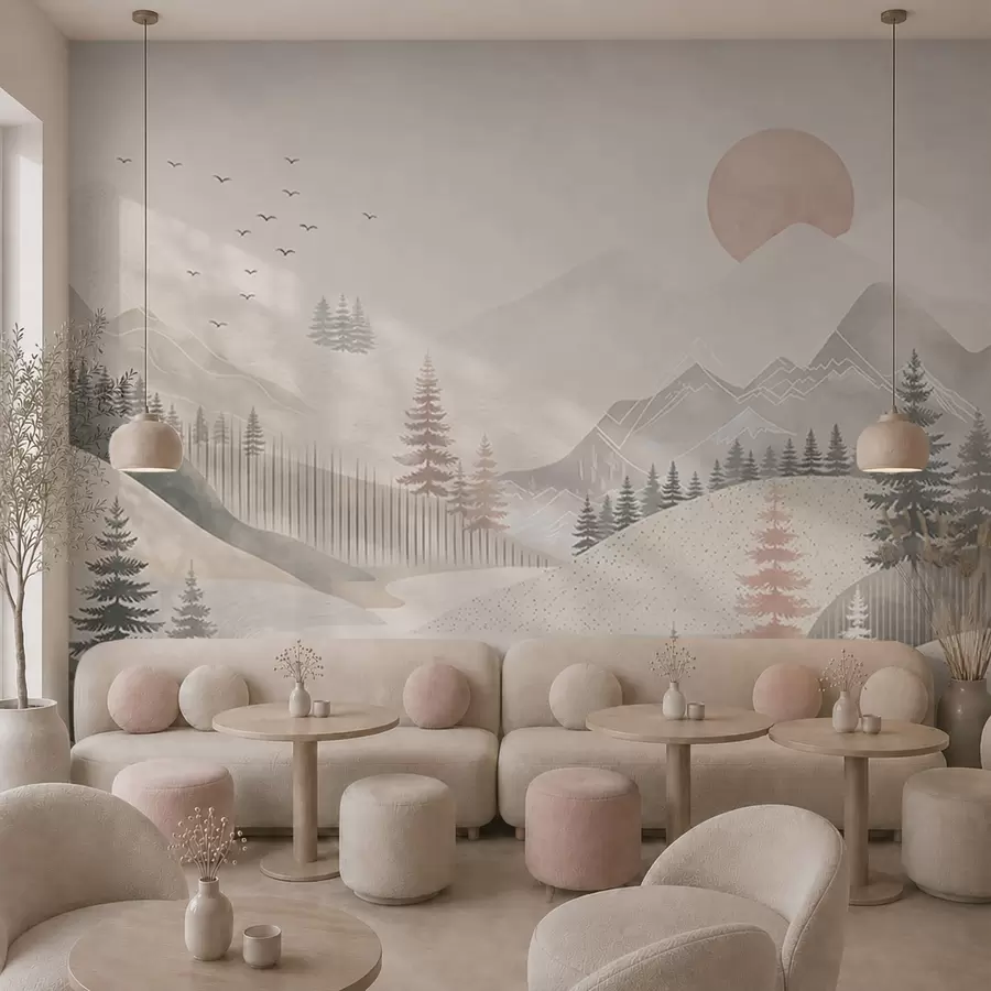 zidne murale Minimalistički planinski krajolik s borovima w05626
