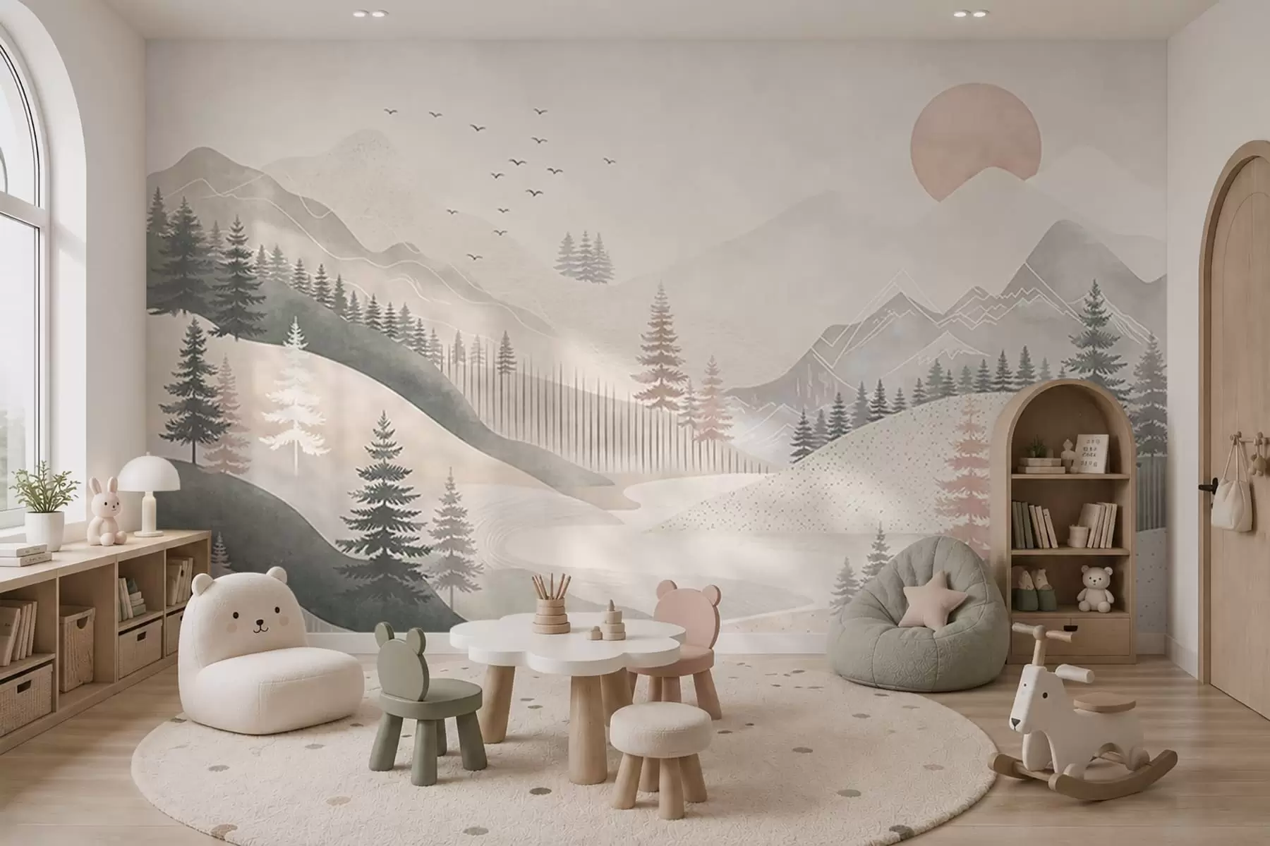zidne murale Minimalistički planinski krajolik s borovima w05626