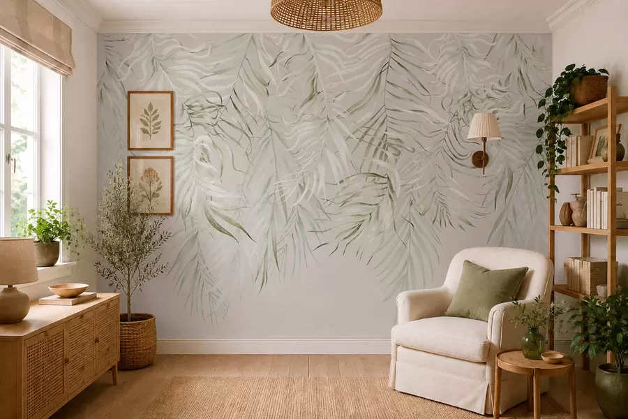 zidne murale Pastelno tropsko lišće na svijetloj pozadini w05627