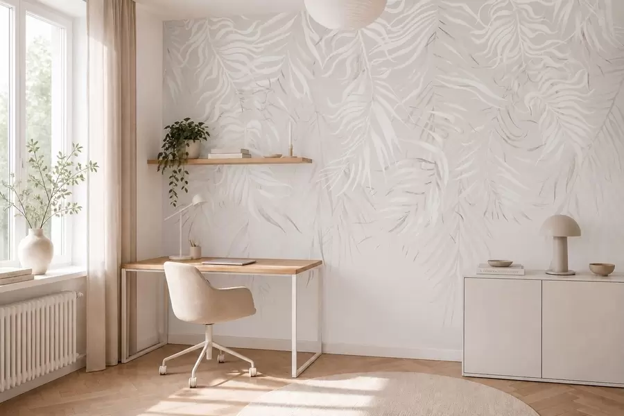 zidne murale Bijelo tropsko lišće na svijetloj pozadini w05627v1