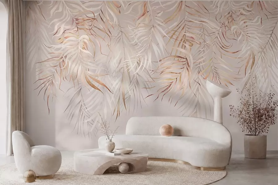 zidne murale Svijetlo tropsko lišće na bež pozadini w05627v2