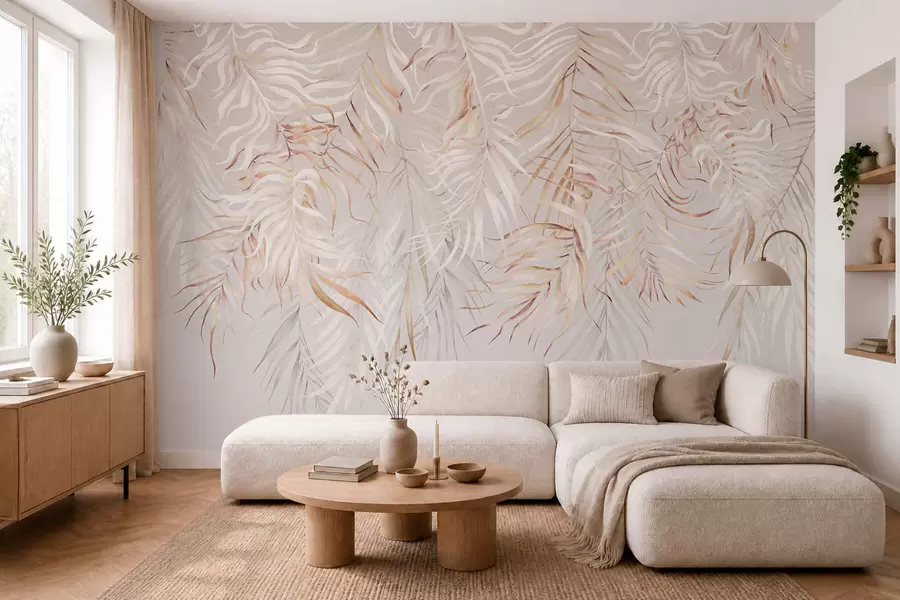 zidne murale Svijetlo tropsko lišće na bež pozadini w05627v2