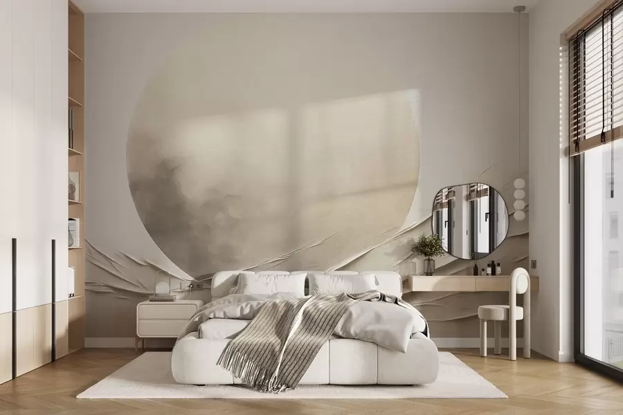 zidne murale Apstraktni, valoviti, kremasti oblici s velikom, blijedom sferom, minimalistička moderna umjetnost w09895