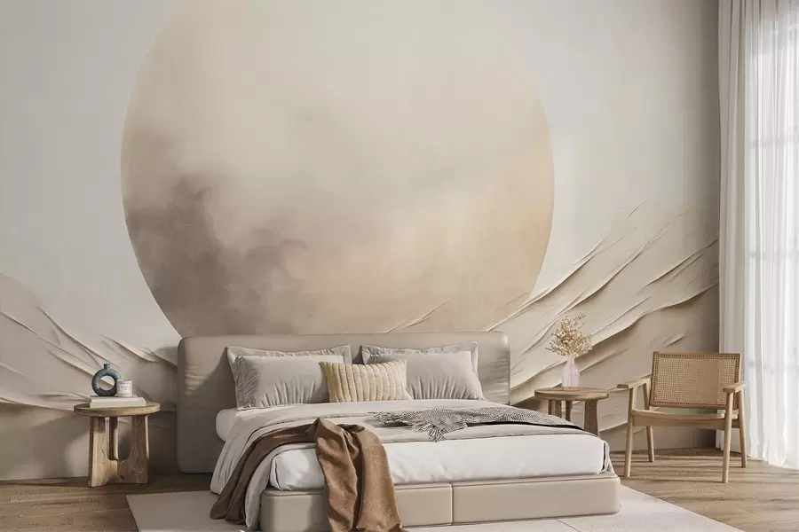 zidne murale Apstraktni, valoviti, kremasti oblici s velikom, blijedom sferom, minimalistička moderna umjetnost w09895