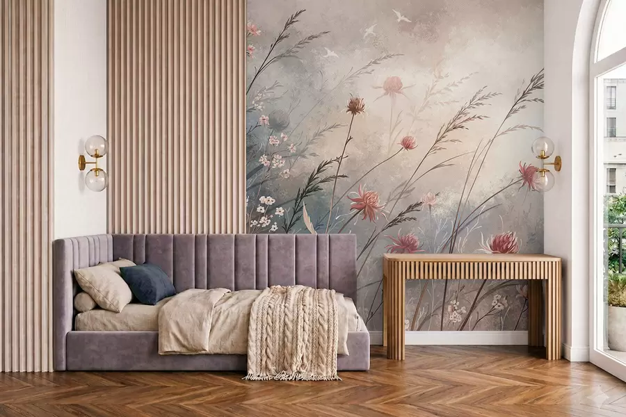 zidne murale Nježno divlje cvijeće u maglovitom pastelnom prizoru w05538