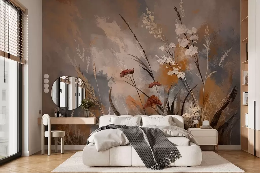 zidne murale Apstraktne livadne biljke u toplim prirodnim tonovima w05539