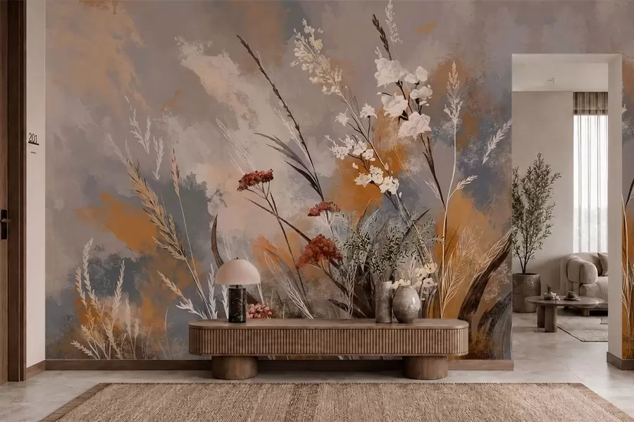 zidne murale Apstraktne livadne biljke u toplim prirodnim tonovima w05539