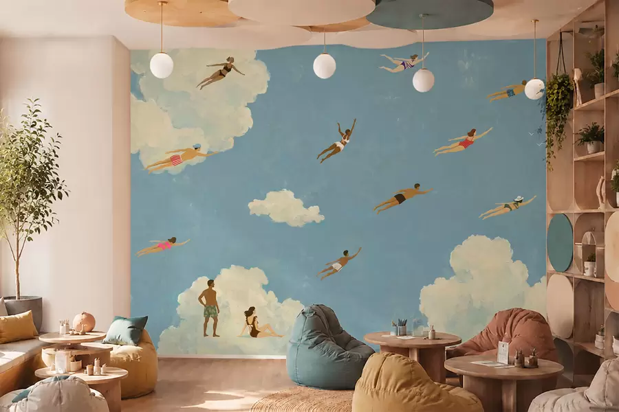 zidne murale Ljudi lebde među oblacima na plavom nebu w05628