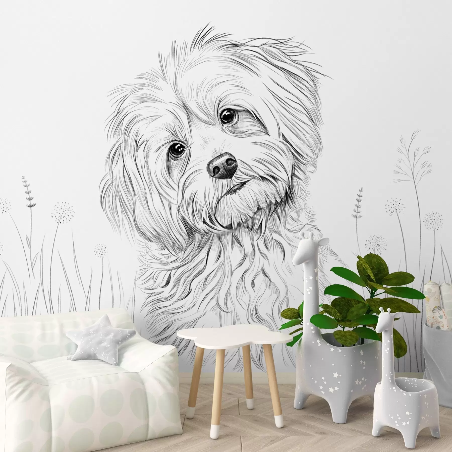 zidne murale Slatki crtež psa u travi w05656