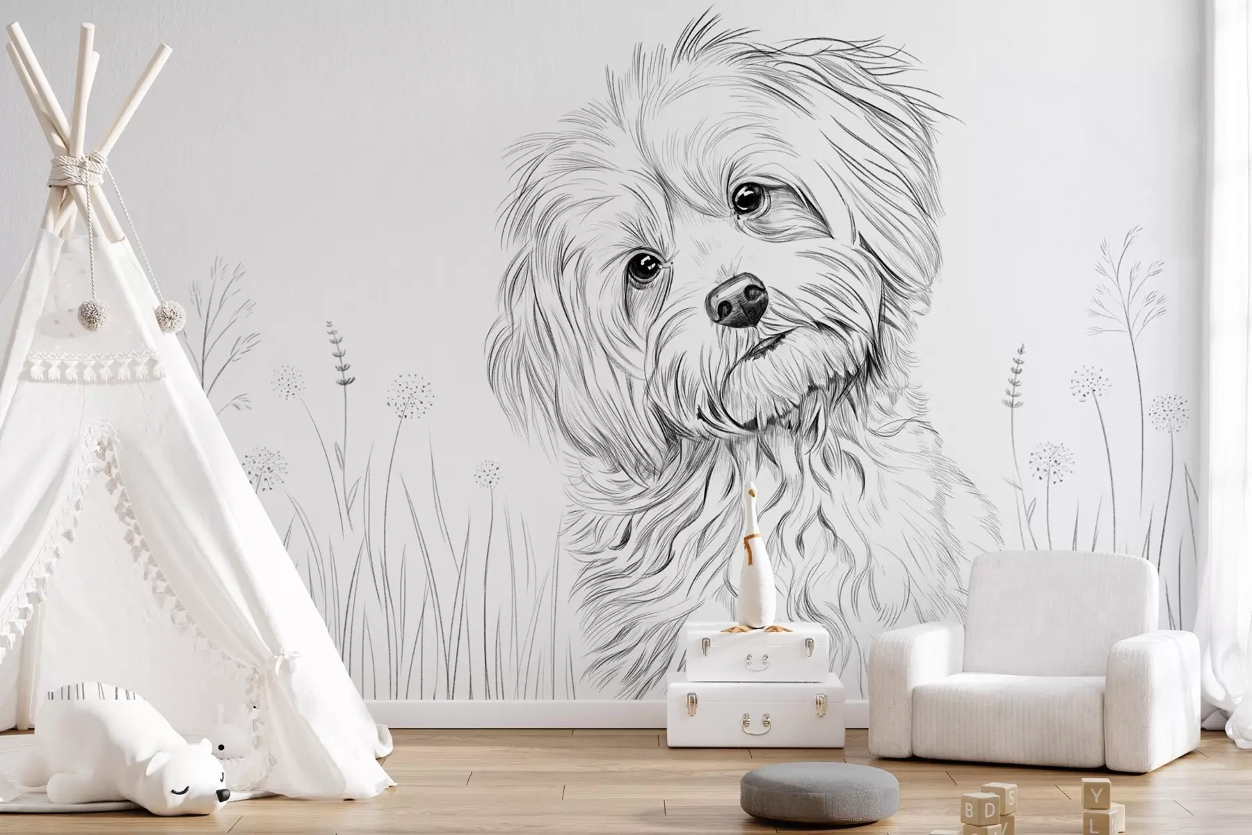 zidne murale Slatki crtež psa u travi w05656
