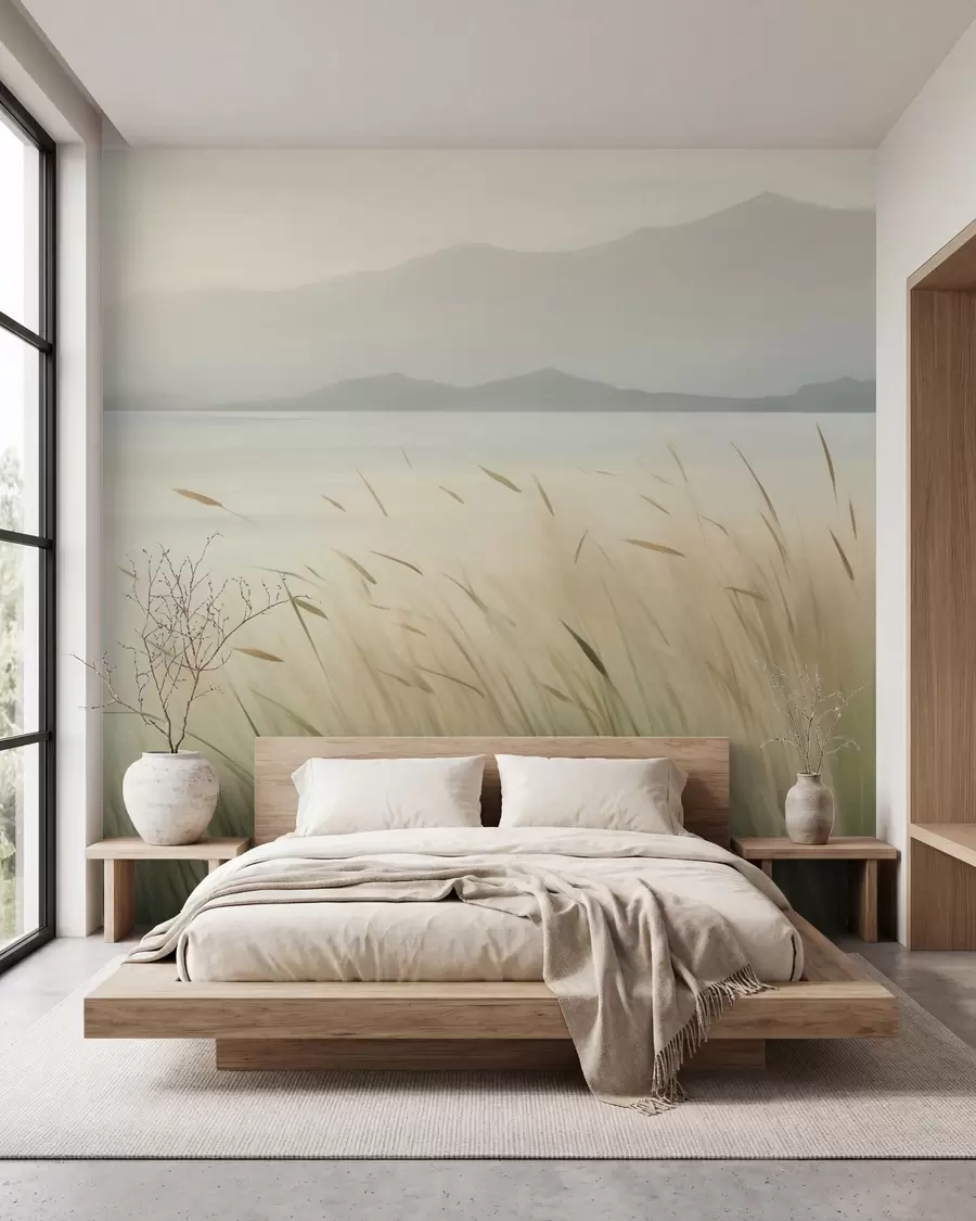 zidne murale Trava uz jezero s planinama u pozadini w05668
