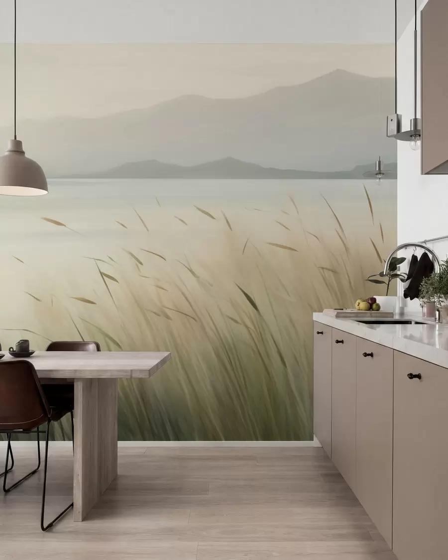 zidne murale Trava uz jezero s planinama u pozadini w05668