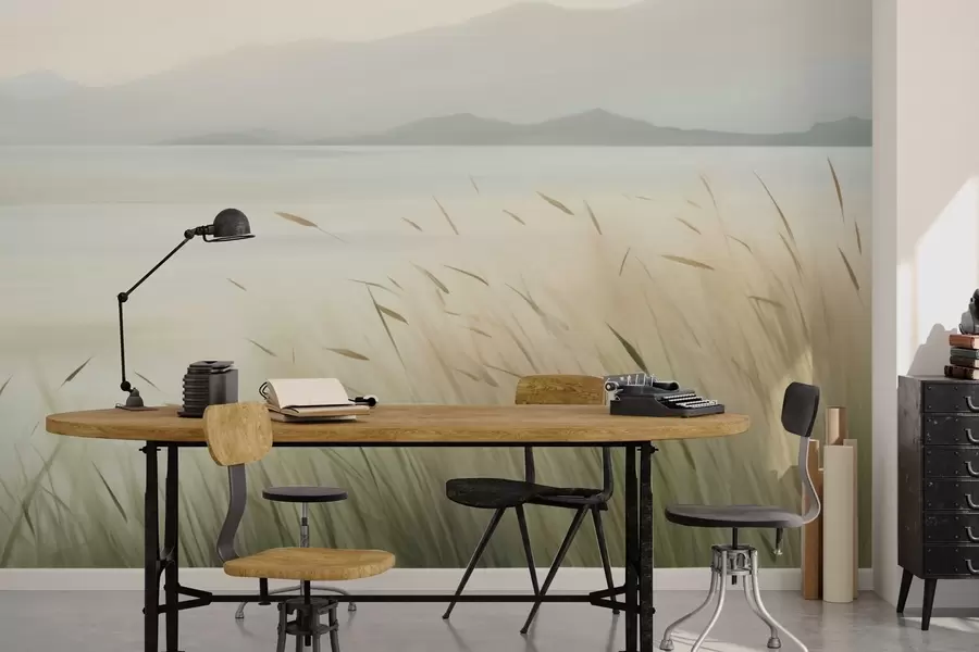 zidne murale Trava uz jezero s planinama u pozadini w05668