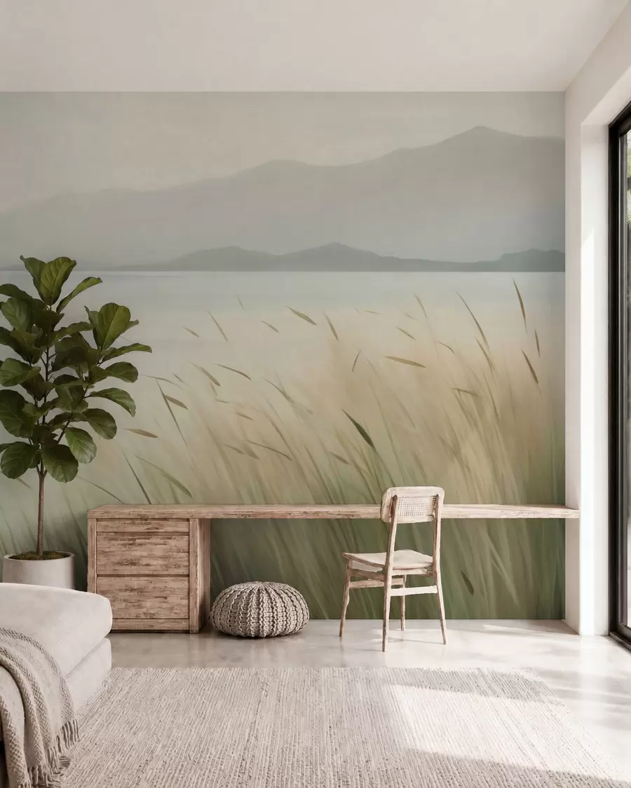 zidne murale Trava uz jezero s planinama u pozadini w05668