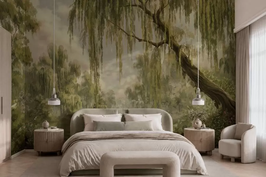 zidne murale Zasjenjeni krajolik s vrbama iznad vode w05631v2