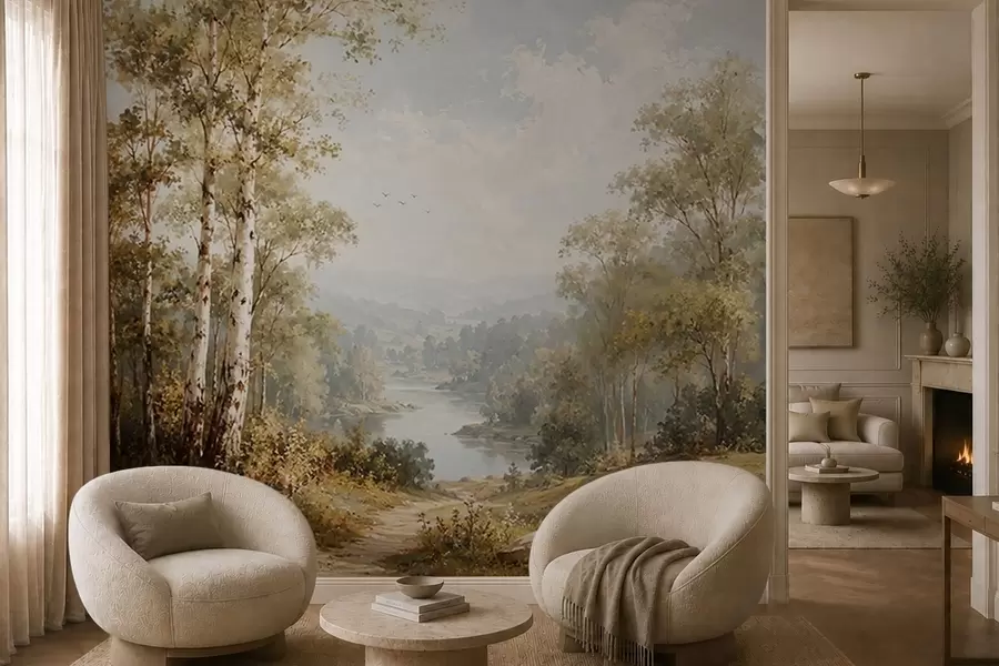 zidne murale Svijetli riječni krajolik s brezama i oblacima w05685