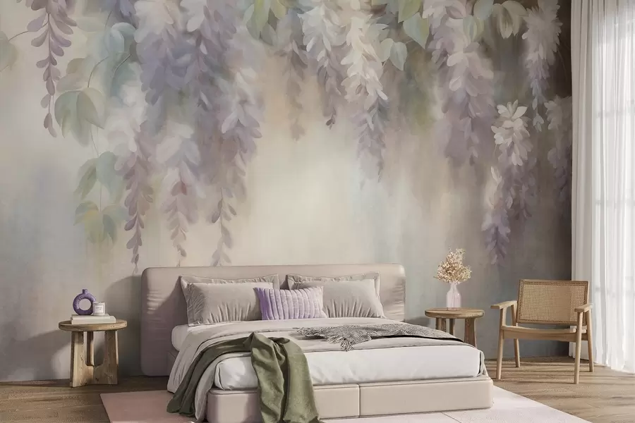zidne murale Teksturirani svijetloljubičasti cvjetovi glicinije vise sa zelenim lišćem, pastelna pozadina w09896