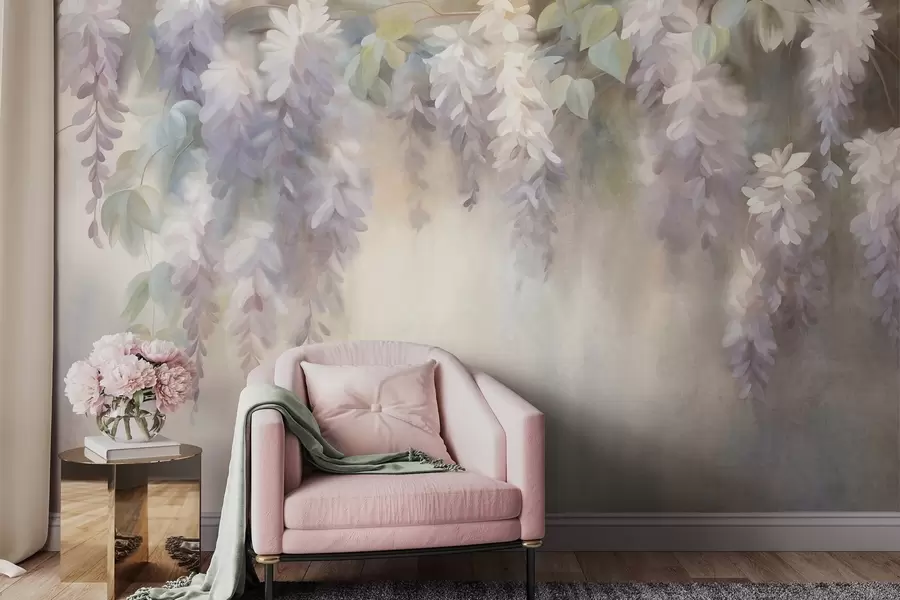 zidne murale Teksturirani svijetloljubičasti cvjetovi glicinije vise sa zelenim lišćem, pastelna pozadina w09896