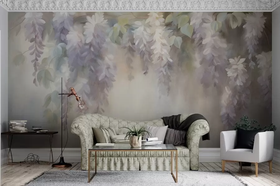 zidne murale Teksturirani svijetloljubičasti cvjetovi glicinije vise sa zelenim lišćem, pastelna pozadina w09896