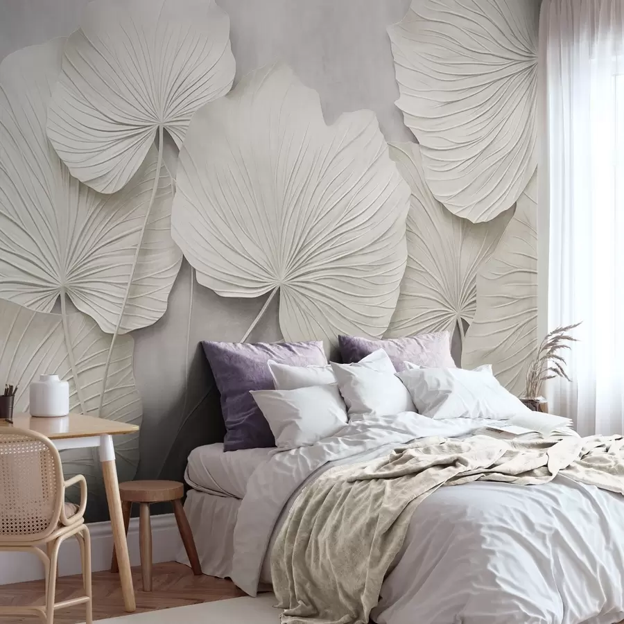 zidne murale Veliko, teksturirano lišće na mekoj, prigušenoj pozadini, minimalistička moderna umjetnost w09897
