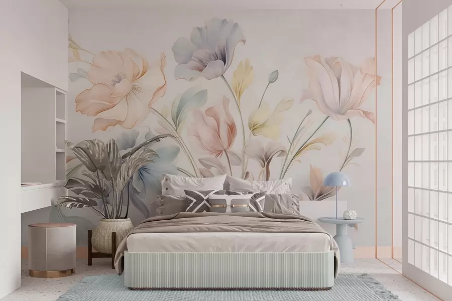 zidne murale Nježno cvijeće u pastelnim nijansama ružičaste, plave i žute sa zelenim lišćem, svijetla pozadina w09898