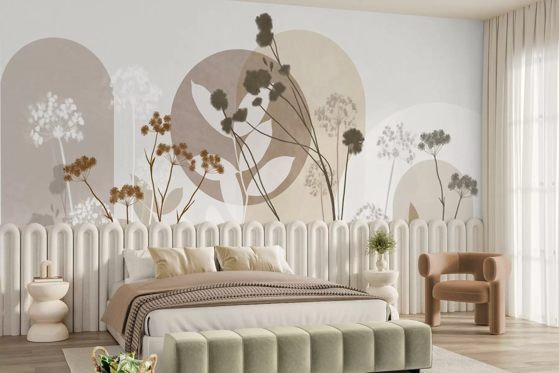 zidne murale Botanička i minimalistička kompozicija suhog cvijeća i lišća s apstraktnom geometrijom w09906