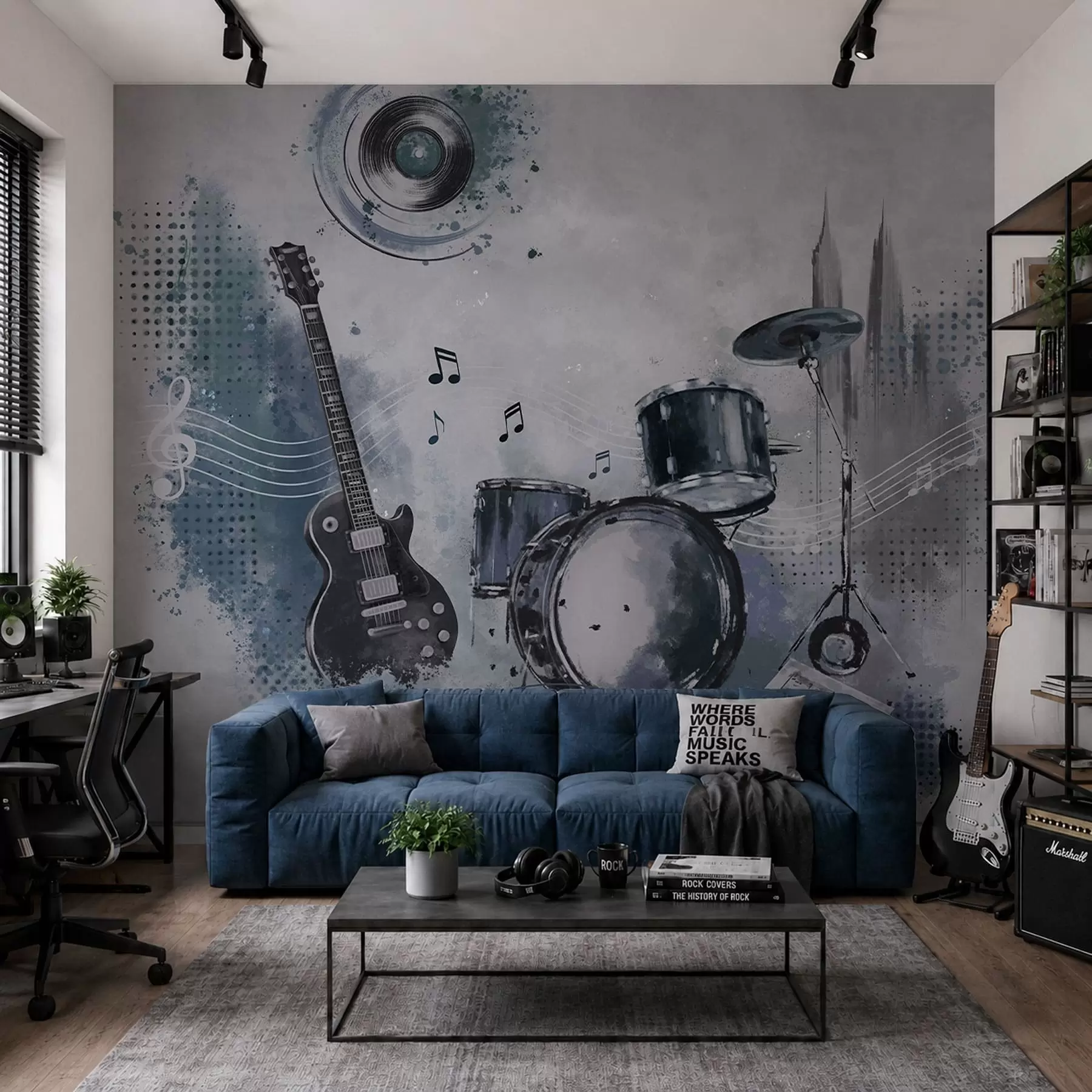 zidne murale Gitara i bubnjevi s glazbenim notama w05546