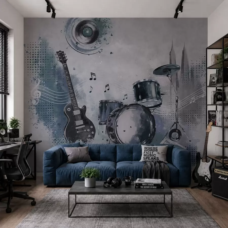 zidne murale Gitara i bubnjevi s glazbenim notama w05546