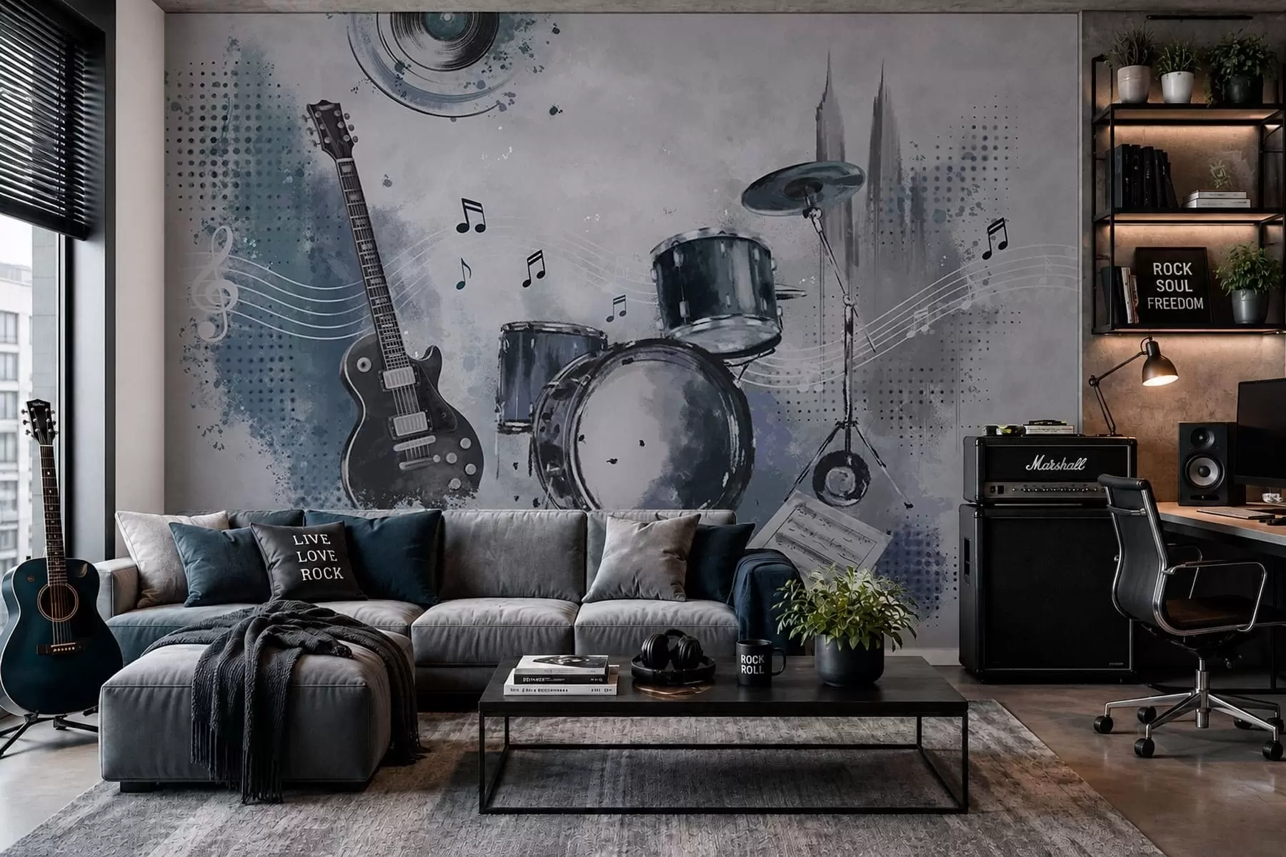 zidne murale Gitara i bubnjevi s glazbenim notama w05546