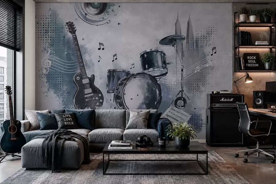 zidne murale Gitara i bubnjevi s glazbenim notama w05546