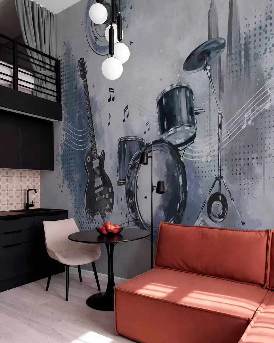 zidne murale Gitara i bubnjevi s glazbenim notama w05546